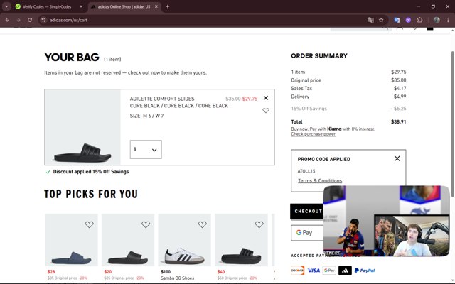 Adidas checkout page showing Adidas promo code box | Screenshot taken by SimplyCodes community member on Aug 21, 2025