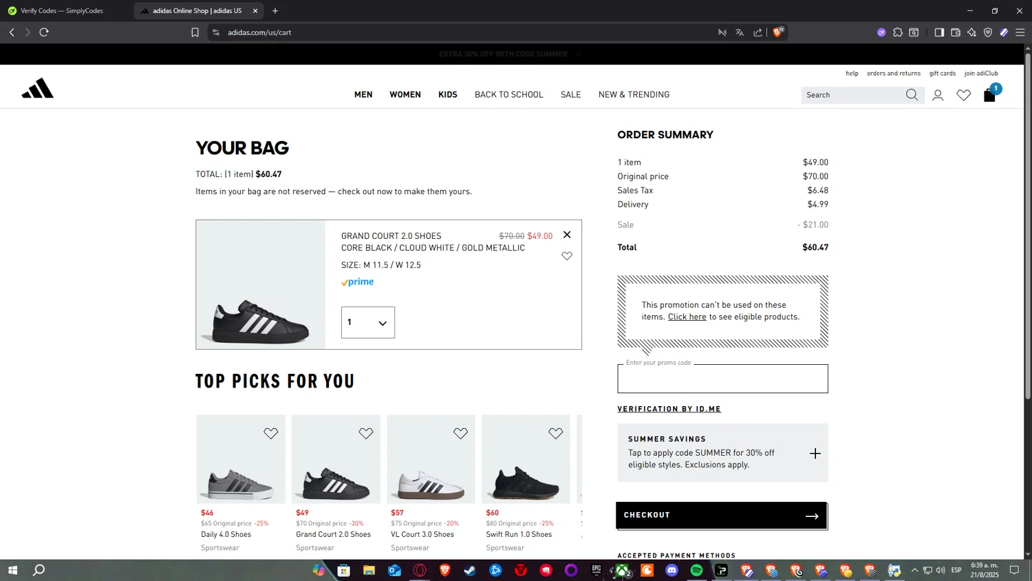 Adidas promo code screenshot showing code SD15 applied at Adidas checkout page. Uploaded by SimplyCodes community member ElPelao on Aug 21, 2025