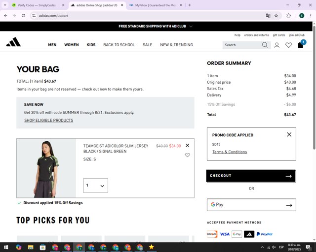 Adidas checkout page showing Adidas promo code box | Screenshot taken by SimplyCodes community member on Aug 20, 2025