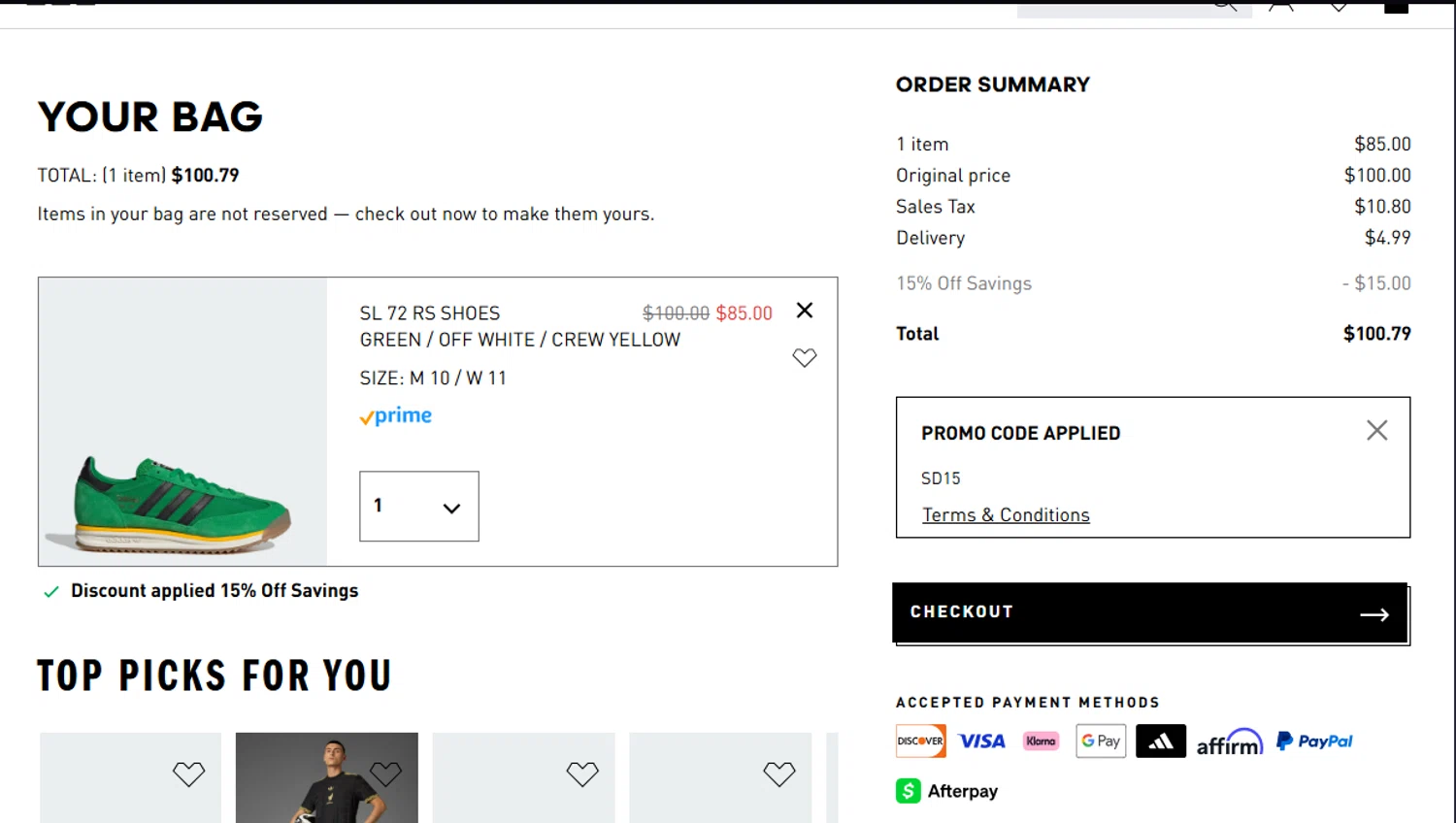 Adidas promo code screenshot showing code SD15 applied at Adidas checkout page. Uploaded by SimplyCodes community member Underaiki on Aug 27, 2025