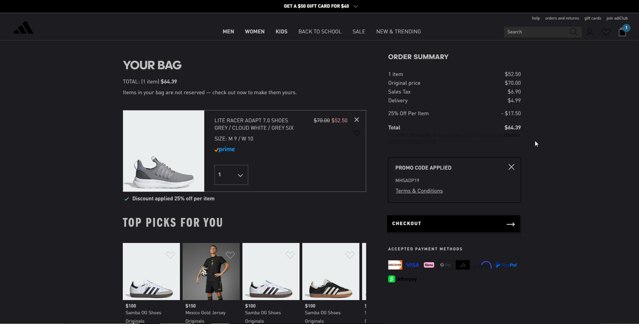 Adidas checkout page showing Adidas promo code box | Screenshot taken by SimplyCodes community member on Aug 23, 2025