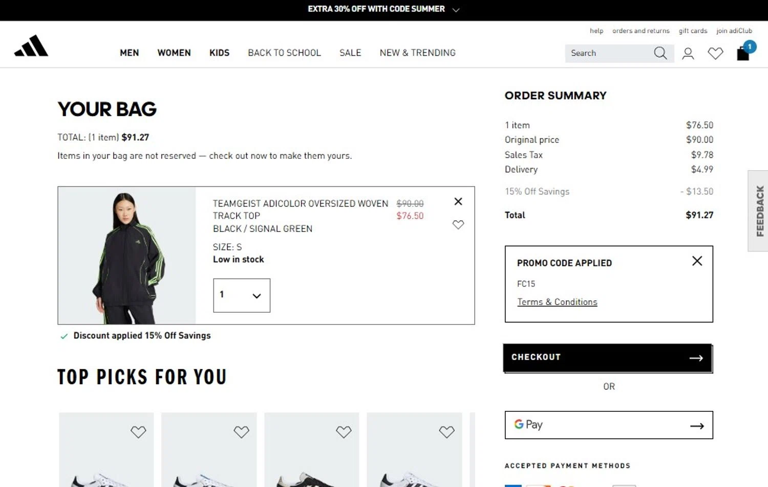 Adidas promo code screenshot showing code fc15 applied at Adidas checkout page. Uploaded by SimplyCodes community member CoinScholar3615 on Aug 17, 2025