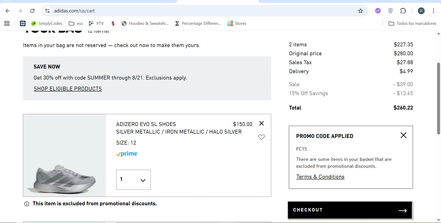 Adidas promo code screenshot showing code fc15 applied at Adidas checkout page. Uploaded by SimplyCodes community member MarcoReus on Aug 17, 2025