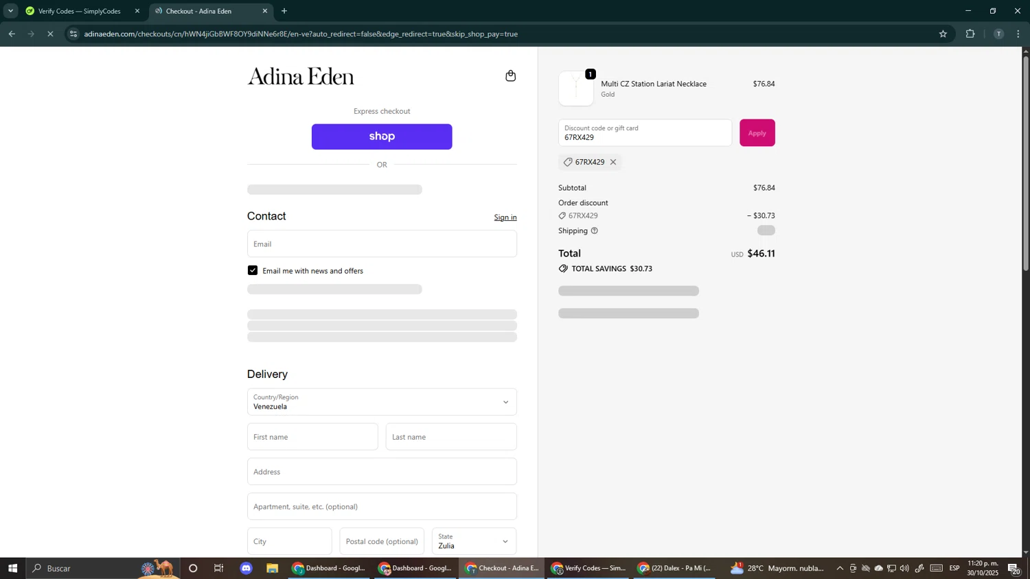 Adina Eden discount code screenshot showing code 67RX429 applied at Adina Eden checkout page. Uploaded by SimplyCodes community member Makemusic on Oct 31, 2025