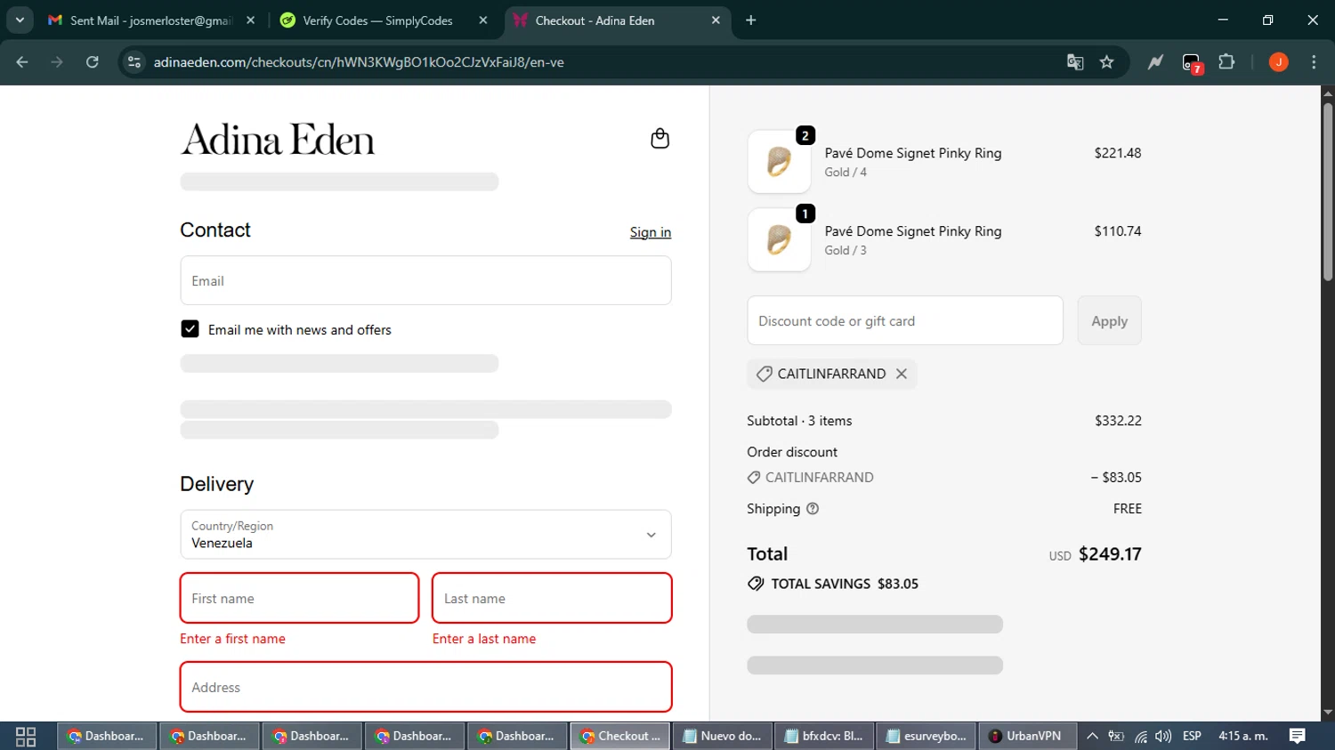 Adina Eden discount code screenshot showing code CAITLINFARRAND applied at Adina Eden checkout page. Uploaded by SimplyCodes community member NobleAce2304 on Sep 24, 2025