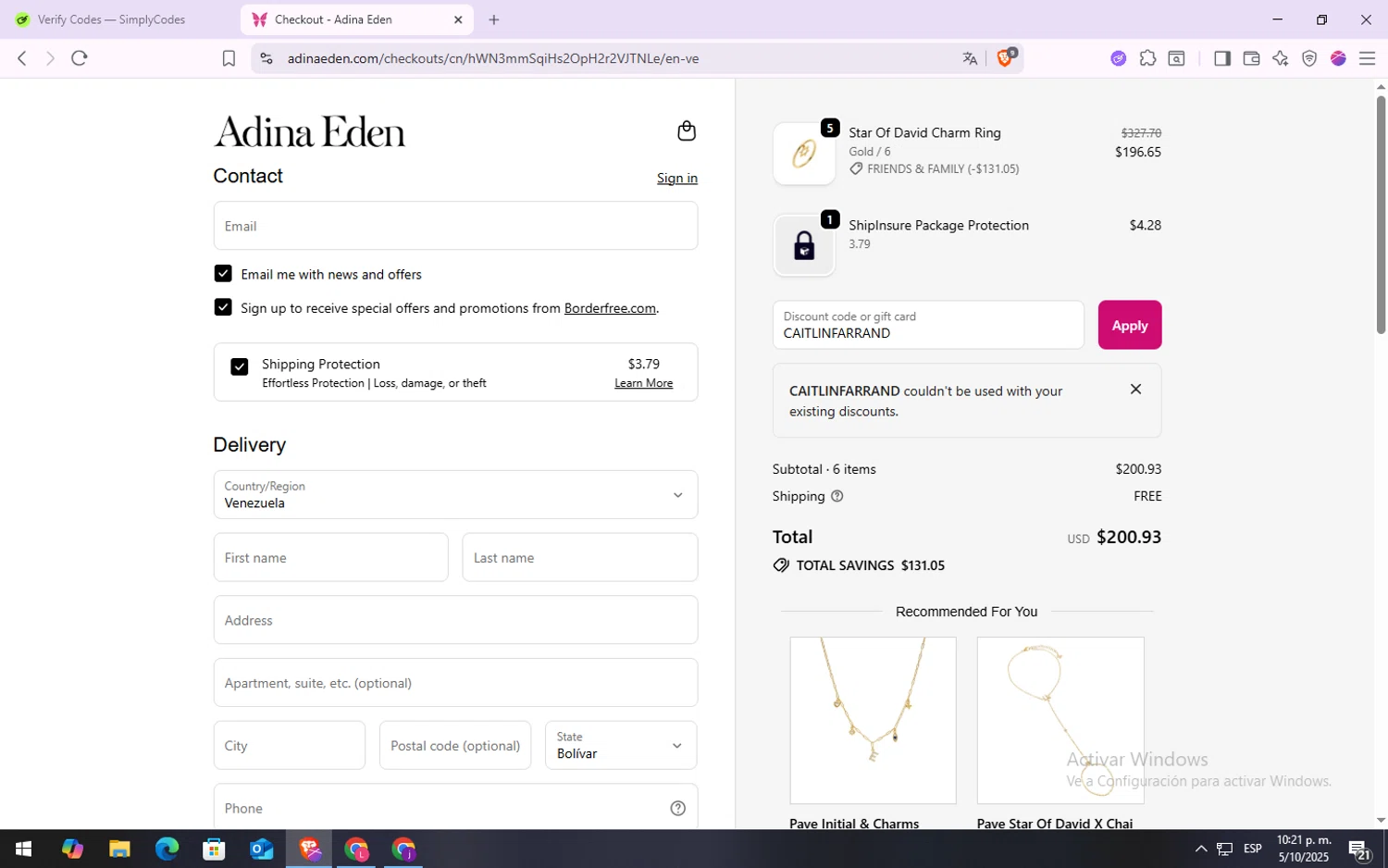 Adina Eden discount code screenshot showing code CAITLINFARRAND applied at Adina Eden checkout page. Uploaded by SimplyCodes community member VoucherSpotter6910 on Oct 6, 2025