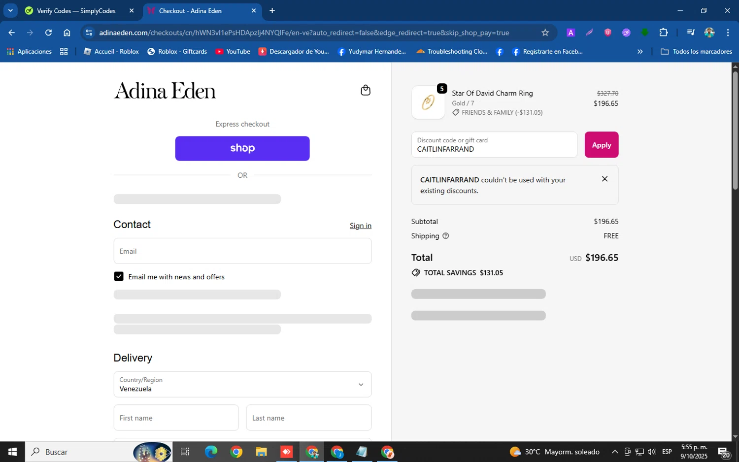 Adina Eden discount code screenshot showing code CAITLINFARRAND applied at Adina Eden checkout page. Uploaded by SimplyCodes community member helicoide on Oct 9, 2025