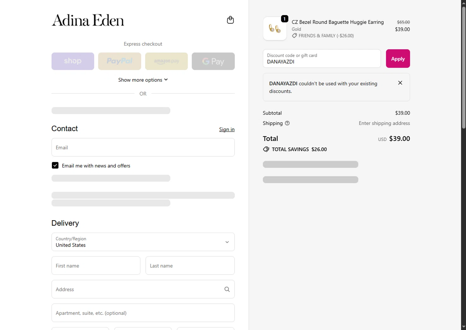 Adina Eden discount code screenshot showing code DANAYAZDI applied at Adina Eden checkout page. Uploaded by SimplyCodes community member SwiftTracker8156 on Oct 2, 2025