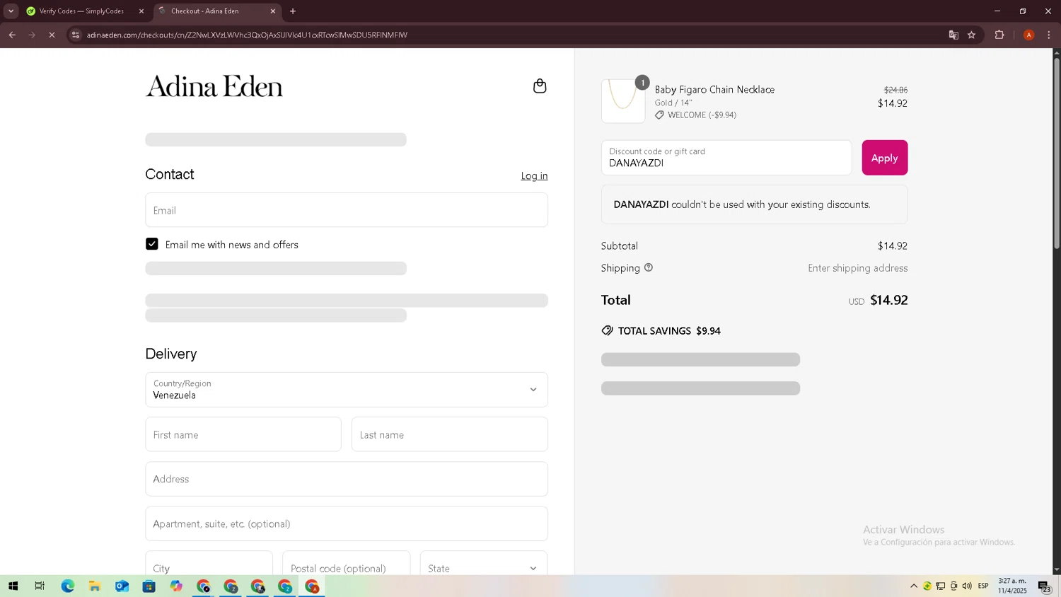 Adina Eden discount code screenshot showing code DANAYAZDI applied at Adina Eden checkout page. Uploaded by SimplyCodes community member zxxx27 on Apr 11, 2025