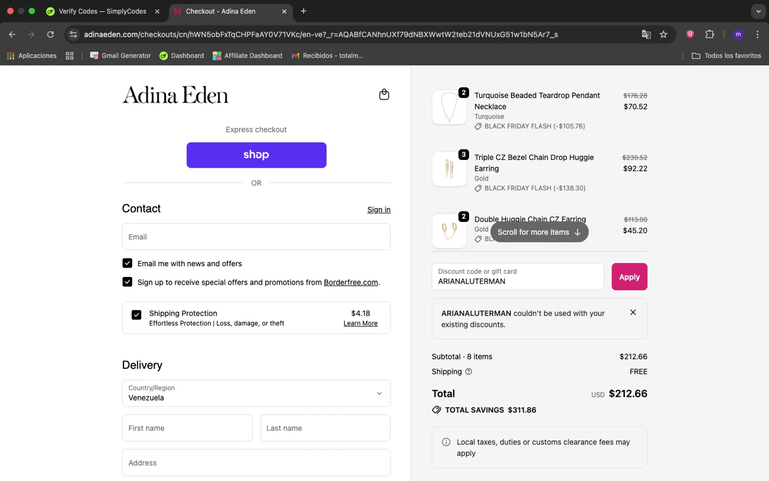 Adina Eden discount code screenshot showing code ARIANALUTERMAN applied at Adina Eden checkout page. Uploaded by SimplyCodes community member 1234ely on Nov 28, 2025
