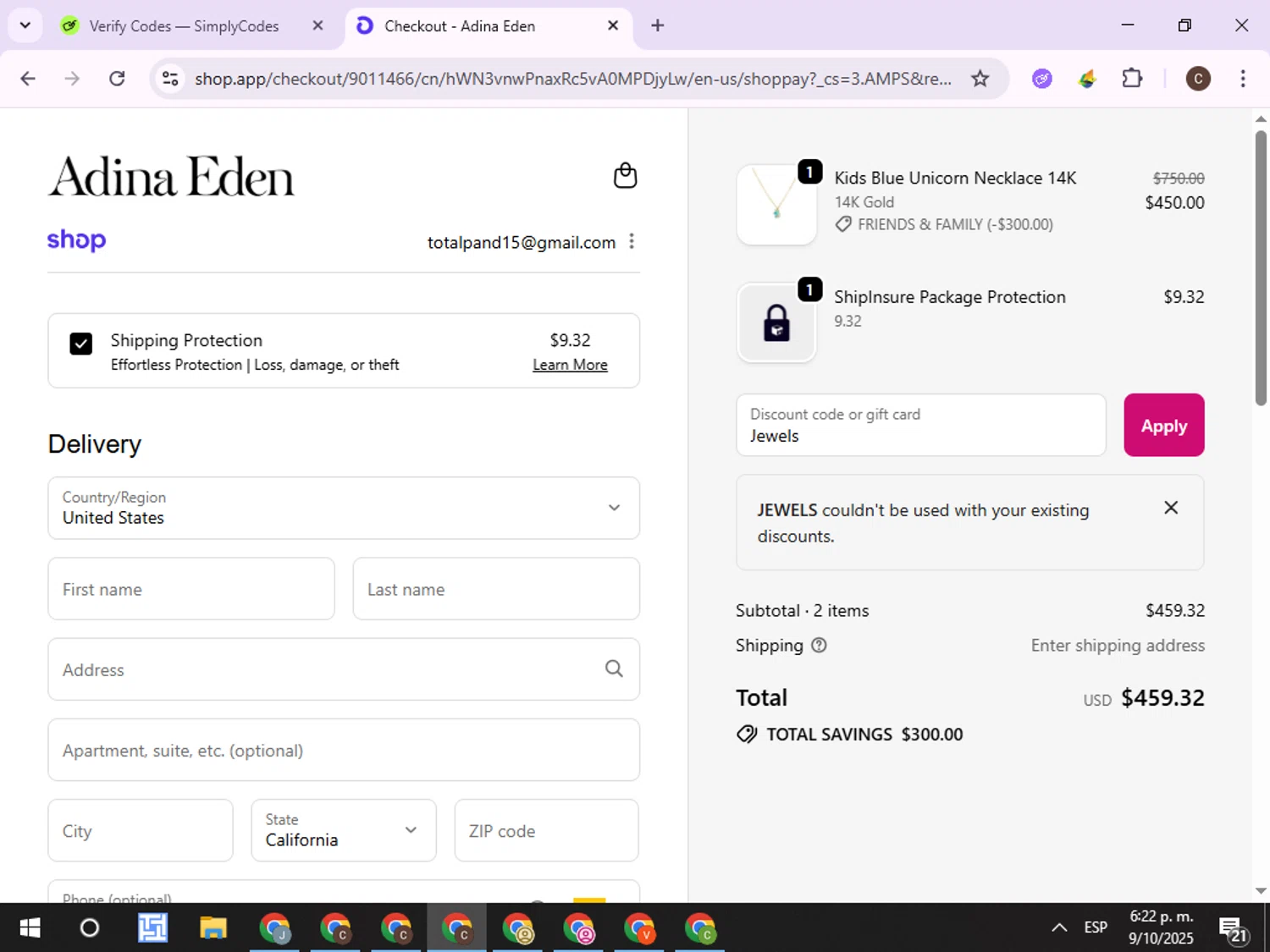 Adina Eden discount code screenshot showing code Jewels applied at Adina Eden checkout page. Uploaded by SimplyCodes community member ExtraordinaryPro8536 on Oct 9, 2025