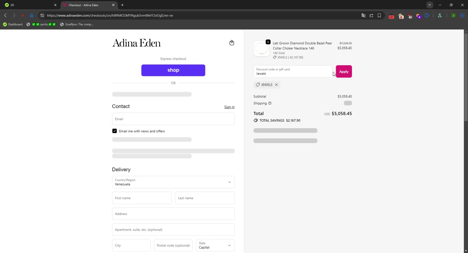 Adina Eden discount code screenshot showing code Jewels applied at Adina Eden checkout page. Uploaded by SimplyCodes community member FortunateWizard717 on Oct 21, 2025