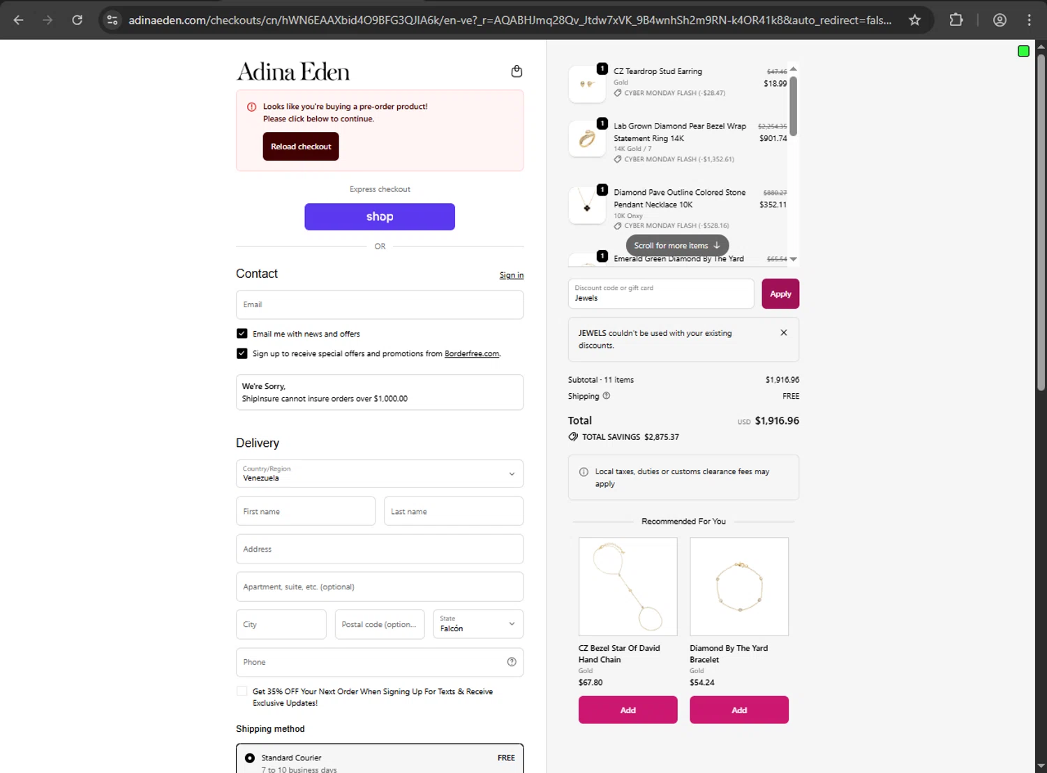 Adina Eden discount code screenshot showing code Jewels applied at Adina Eden checkout page. Uploaded by SimplyCodes community member JakePerrox on Dec 9, 2025