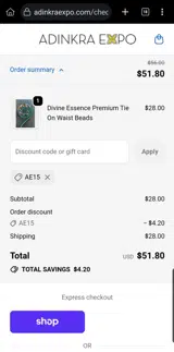 Adinkra Expo coupon verification screenshot