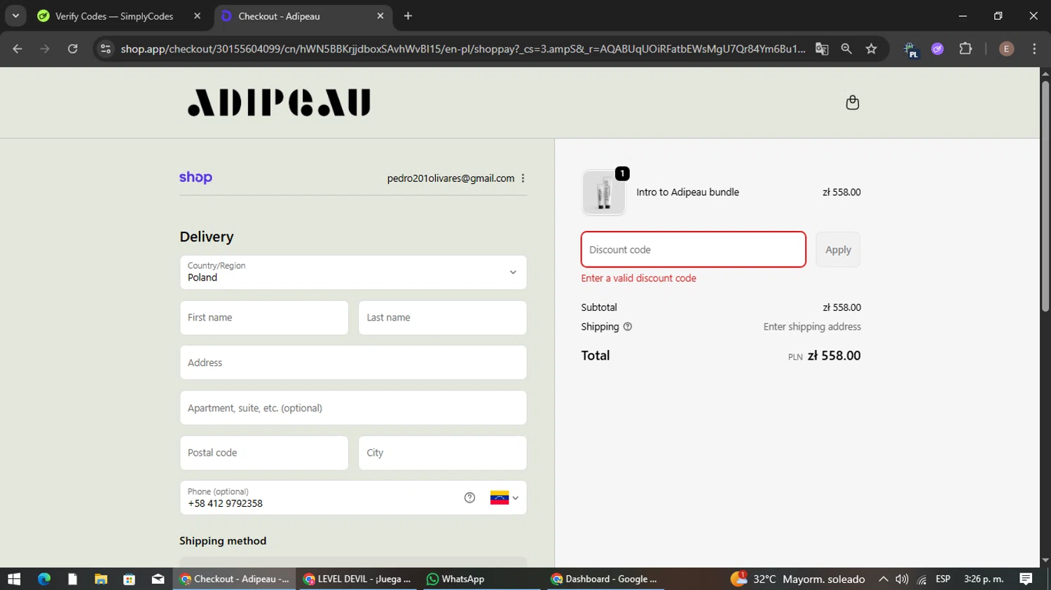 Adipeau discount code screenshot showing code SONNI15 applied at Adipeau checkout page. Uploaded by SimplyCodes community member gleykerjose on Nov 11, 2025