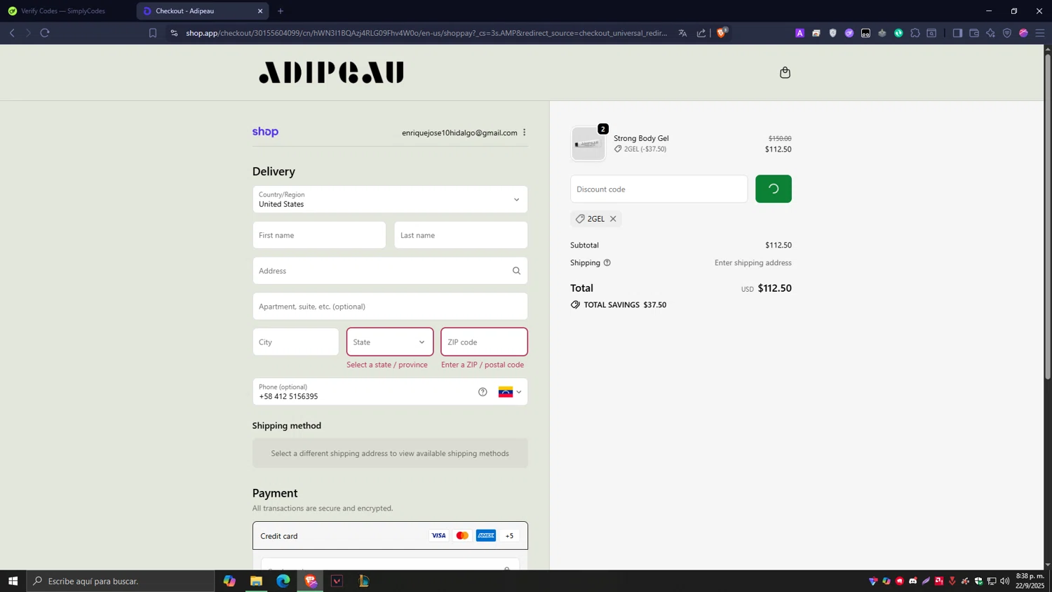 Adipeau discount code screenshot showing code 2GEL applied at Adipeau checkout page. Uploaded by SimplyCodes community member Tragedy on Sep 23, 2025
