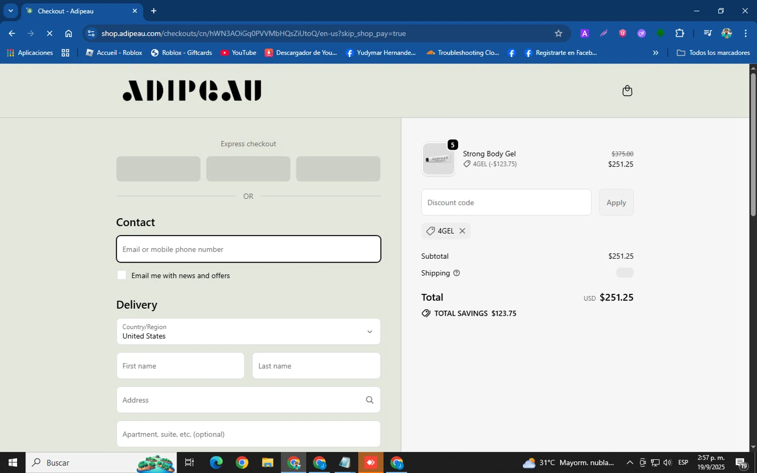 Adipeau discount code screenshot showing code 4GEL applied at Adipeau checkout page. Uploaded by SimplyCodes community member helicoide on Sep 19, 2025