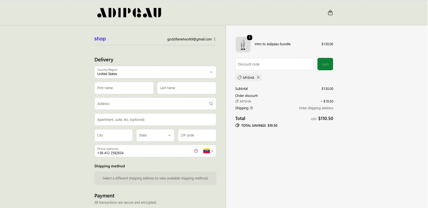 Adipeau discount code screenshot showing code Mysha applied at Adipeau checkout page. Uploaded by SimplyCodes community member dimitriv on Oct 28, 2025