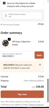 WELCOME15 coupon verification screenshot