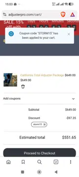 STORM15 coupon verification screenshot