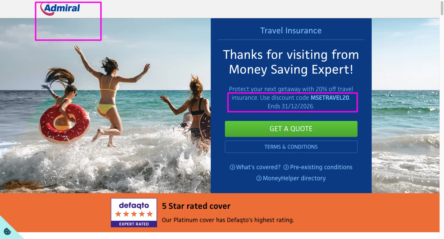 Admiral promo code screenshot showing code MSETRAVEL20 applied at Admiral checkout page. Uploaded by SimplyCodes community member mrdarcy on May 22, 2026