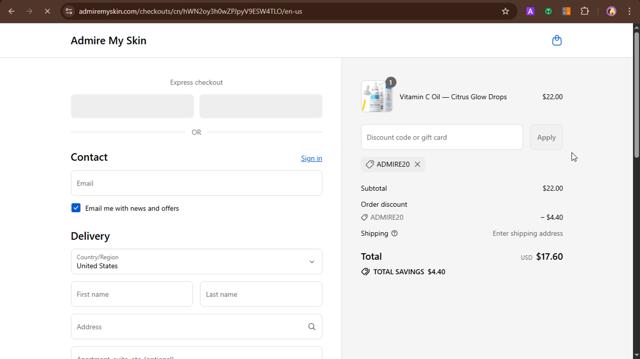 Admire My Skin checkout page showing Admire My Skin promo code box | Screenshot taken by SimplyCodes community member on Sep 10, 2025