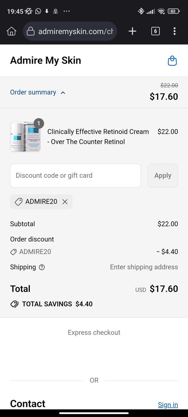 Admire My Skin checkout page showing Admire My Skin promo code box | Screenshot taken by SimplyCodes community member on Sep 14, 2025