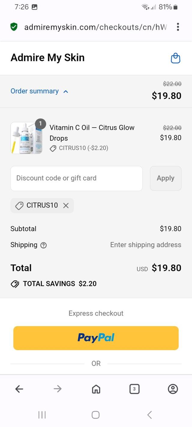 Admire My Skin checkout page showing Admire My Skin promo code box | Screenshot taken by SimplyCodes community member on Sep 14, 2025