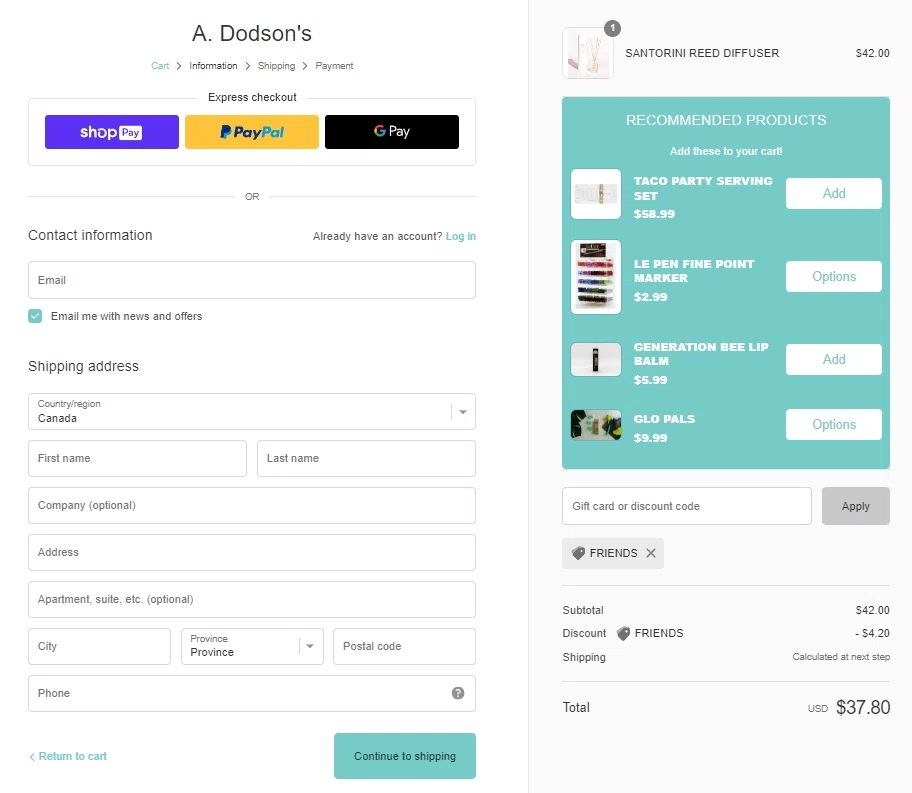 A. Dodson's checkout page showing A. Dodson's promo code box | Screenshot taken by SimplyCodes community member on Apr 27, 2023