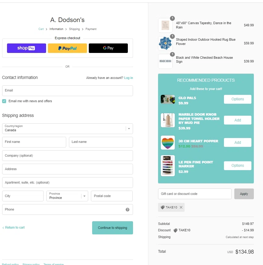 A. Dodson's checkout page showing A. Dodson's promo code box | Screenshot taken by SimplyCodes community member on Dec 24, 2022