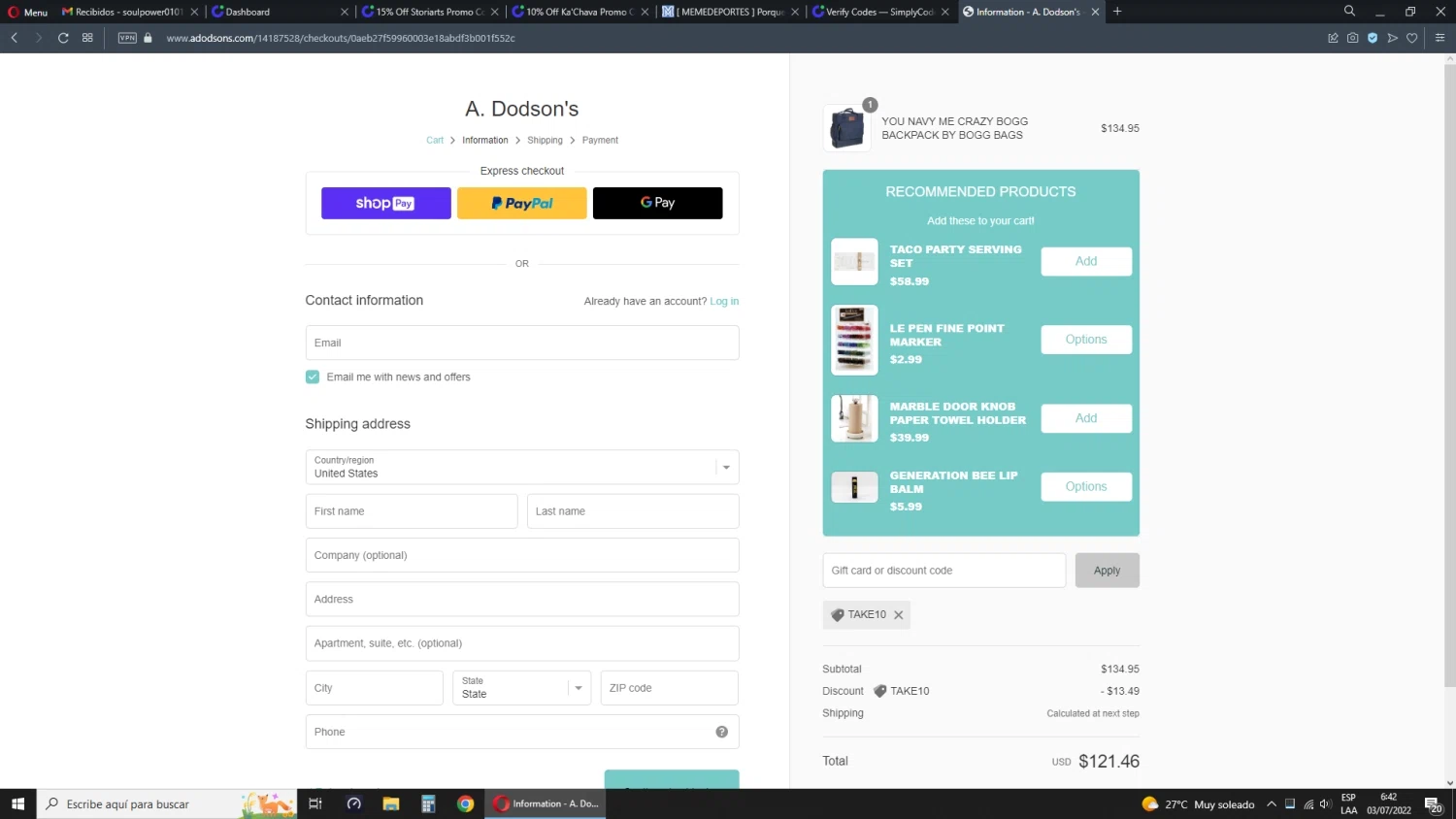 A. Dodson's checkout page showing A. Dodson's promo code box | Screenshot taken by SimplyCodes community member on Jul 3, 2022
