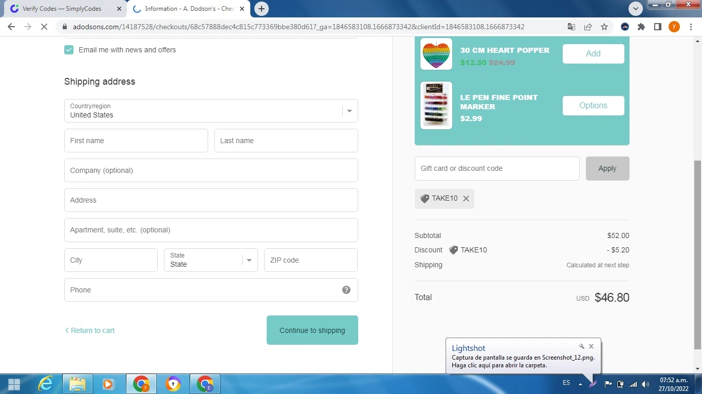 A. Dodson's checkout page showing A. Dodson's promo code box | Screenshot taken by SimplyCodes community member on Oct 27, 2022
