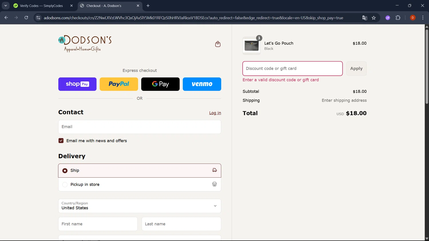 A. Dodson's promo code screenshot showing code FREEPOUCH applied at A. Dodson's checkout page. Uploaded by SimplyCodes community member RoyalSaver3150 on May 15, 2025