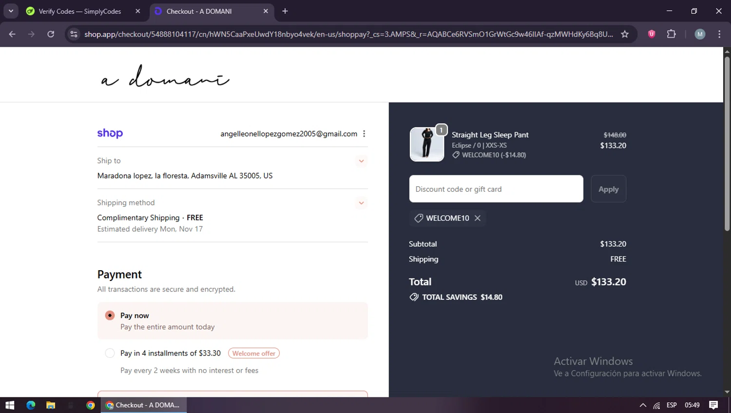 A DOMANI checkout page showing A DOMANI promo code box | Screenshot taken by SimplyCodes community member on Nov 12, 2025