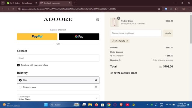Adoore checkout page showing Adoore discount code box | Screenshot taken by SimplyCodes community member on Dec 15, 2024