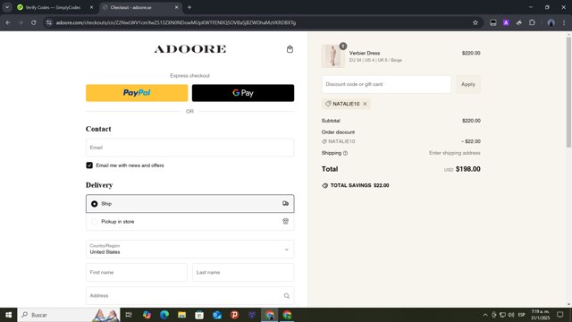 Adoore checkout page showing Adoore discount code box | Screenshot taken by SimplyCodes community member on Jan 31, 2025