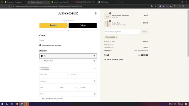 Adoore checkout page showing Adoore discount code box | Screenshot taken by SimplyCodes community member on Feb 13, 2025