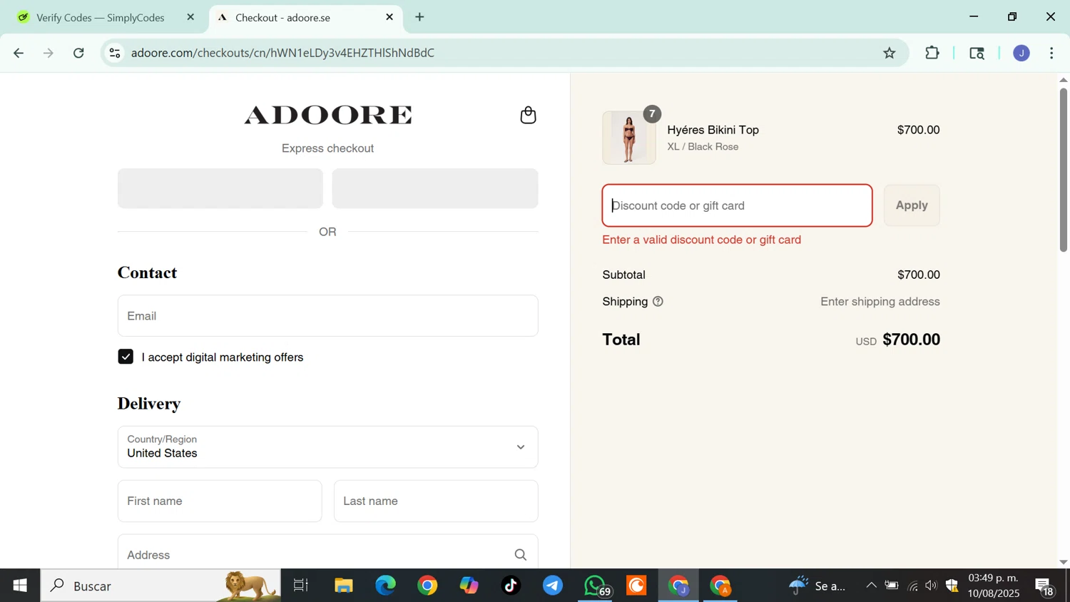 Adoore discount code screenshot showing code IRIS25 applied at Adoore checkout page. Uploaded by SimplyCodes community member DiscountSleuth6807 on Aug 10, 2025