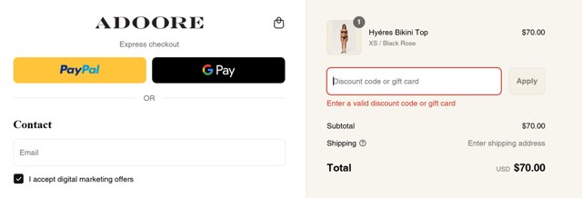 Adoore checkout page showing Adoore discount code box | Screenshot taken by SimplyCodes community member on Jul 25, 2025