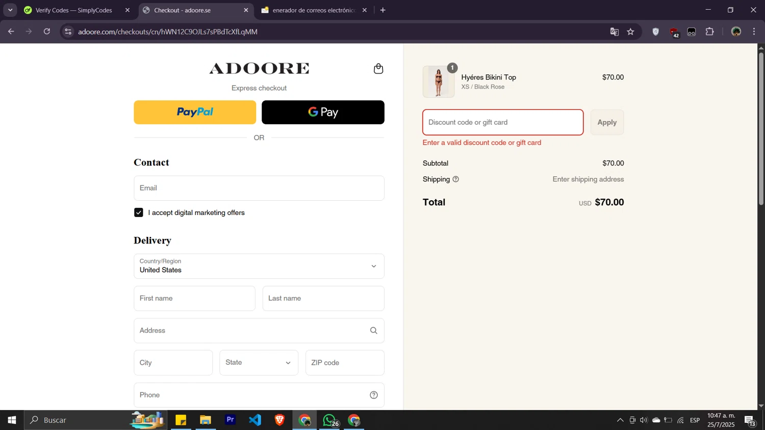 Adoore discount code screenshot showing code IRIS25 applied at Adoore checkout page. Uploaded by SimplyCodes community member Moisesdk0 on Jul 25, 2025