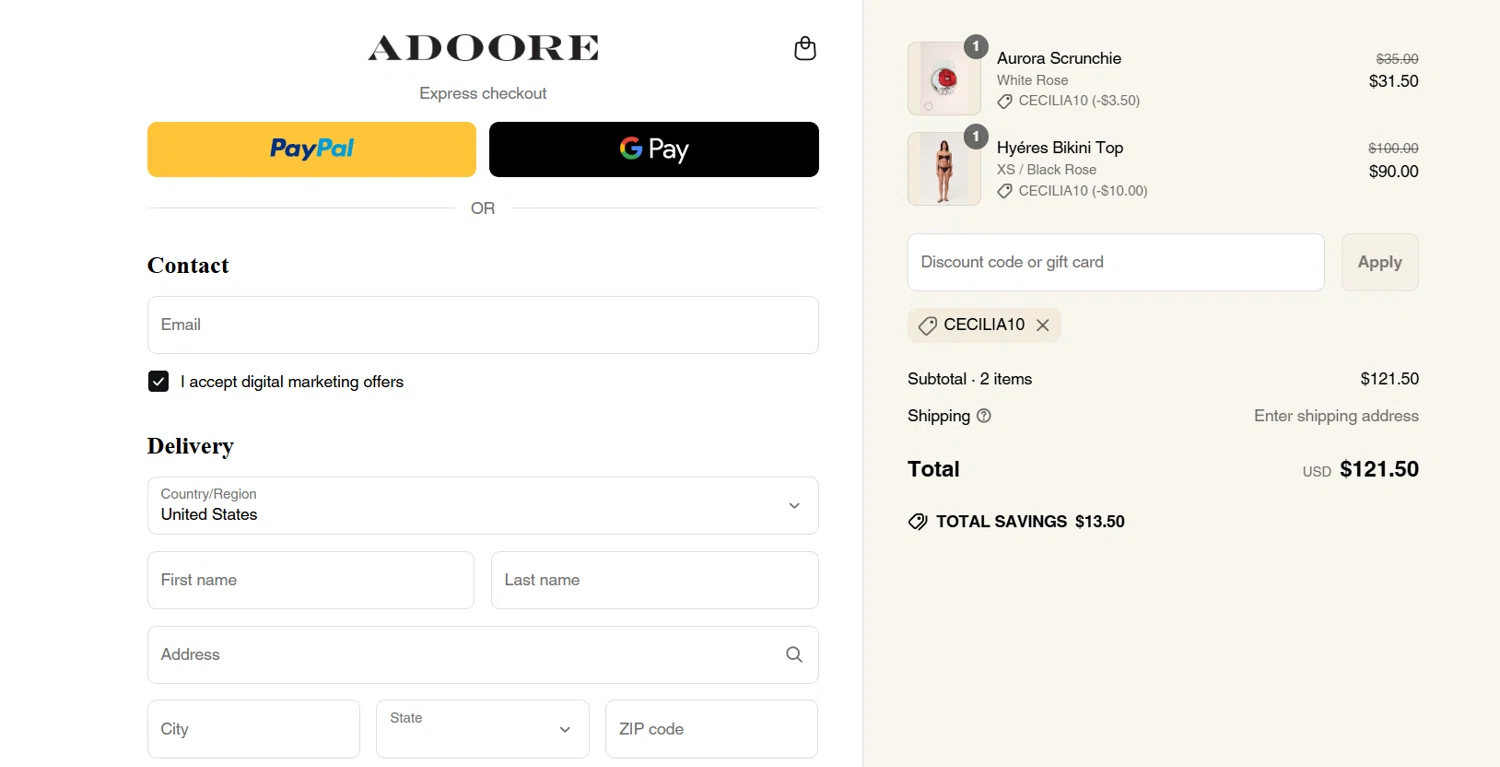 Adoore discount code screenshot showing code CECILIA10 applied at Adoore checkout page. Uploaded by SimplyCodes community member jade5416625024720 on Jun 23, 2025