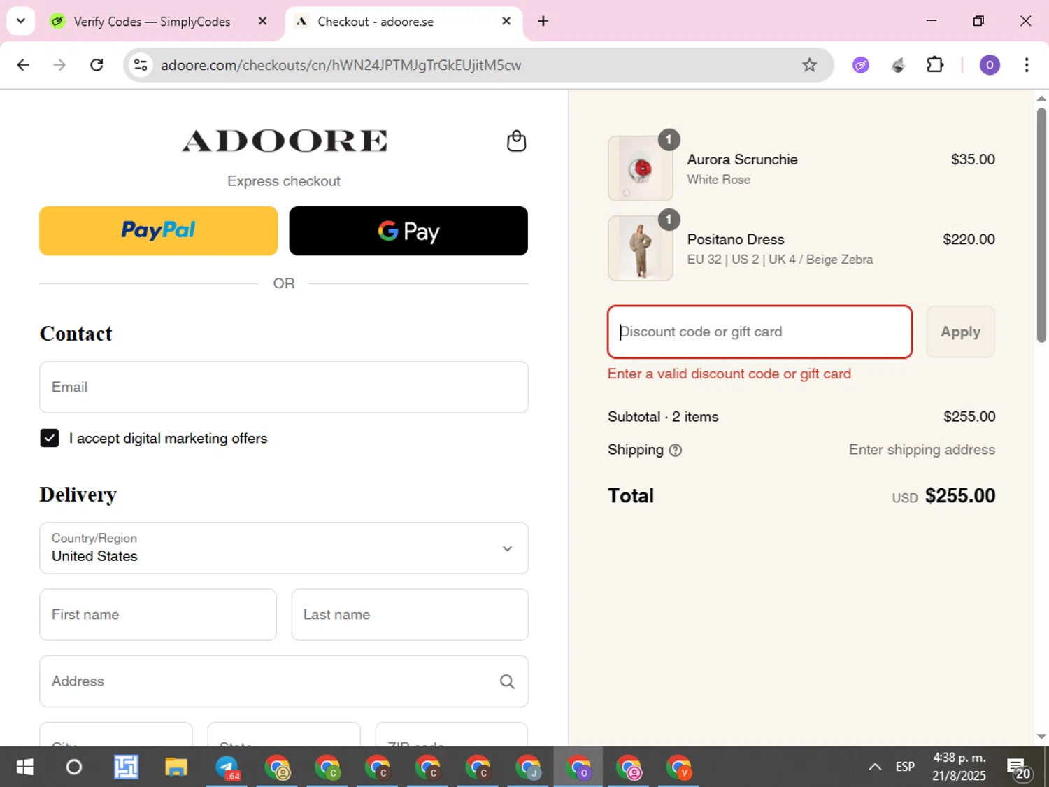 Adoore discount code screenshot showing code adoore-ekj571 applied at Adoore checkout page. Uploaded by SimplyCodes community member CleverLynx8245 on Aug 21, 2025