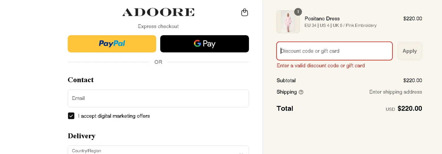 Adoore discount code screenshot showing code adoore-ekj571 applied at Adoore checkout page. Uploaded by SimplyCodes community member goldhooh on Aug 21, 2025