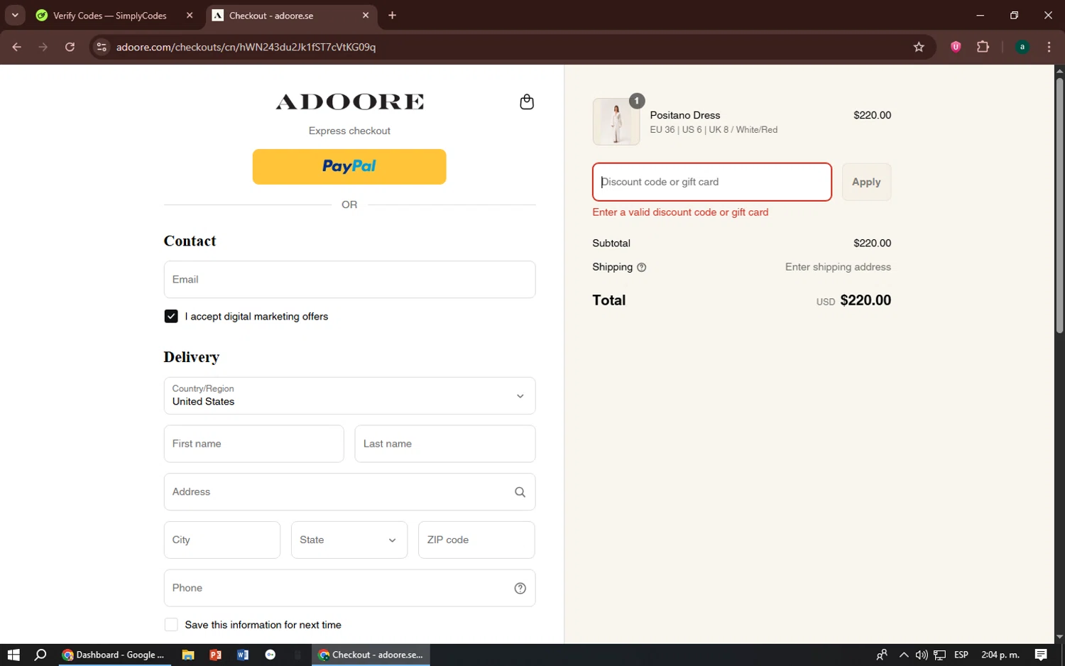 Adoore discount code screenshot showing code adoore-ekj571 applied at Adoore checkout page. Uploaded by SimplyCodes community member zizu55 on Aug 21, 2025