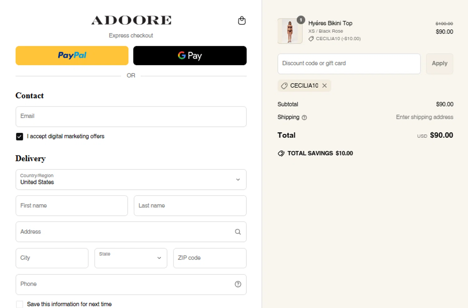 Adoore discount code screenshot showing code CECILIA10 applied at Adoore checkout page. Uploaded by SimplyCodes community member gabrielponce on Jun 22, 2025