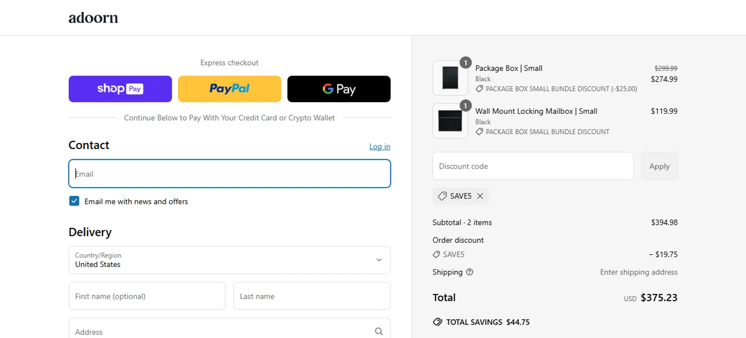 adoorn discount code screenshot showing code SAVE5 applied at adoorn checkout page. Uploaded by SimplyCodes community member Ricacocaina on Apr 28, 2025