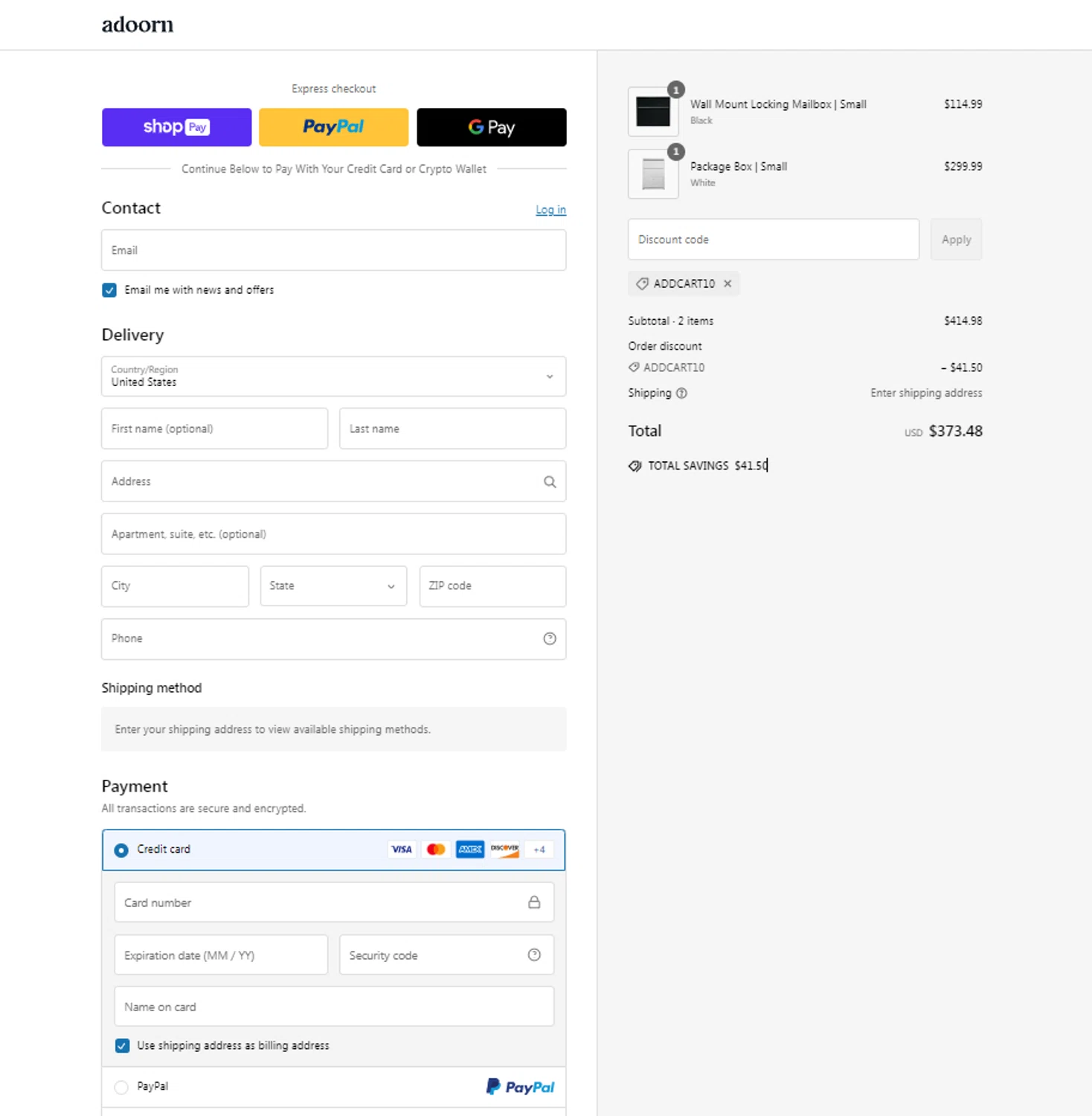 adoorn discount code screenshot showing code ADDCART10 applied at adoorn checkout page. Uploaded by SimplyCodes community member Noah19 on Feb 15, 2025