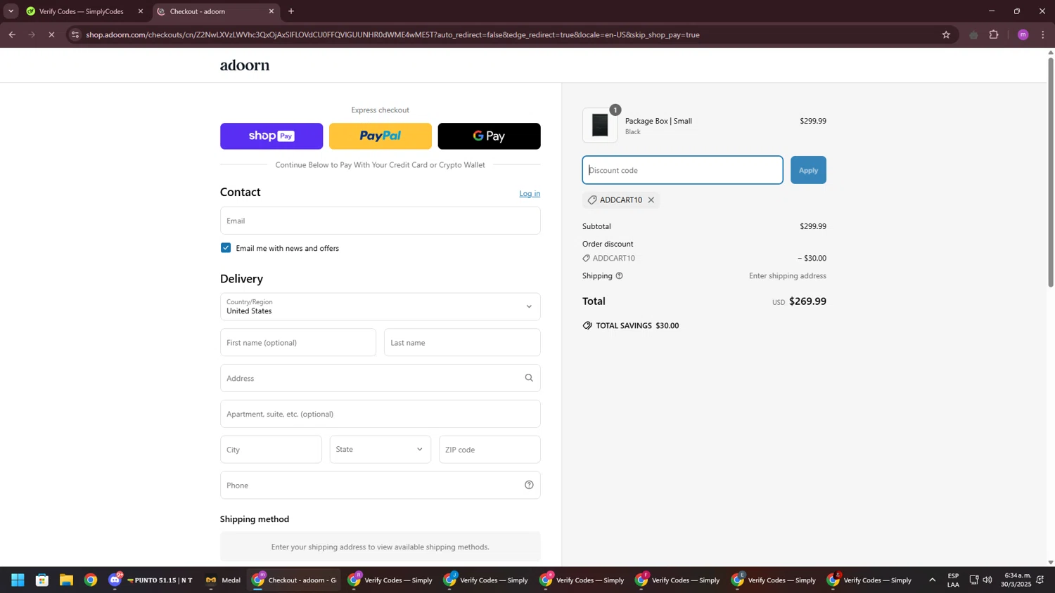 adoorn discount code screenshot showing code ADDCART10 applied at adoorn checkout page. Uploaded by SimplyCodes community member PennyWizard1195 on Mar 30, 2025