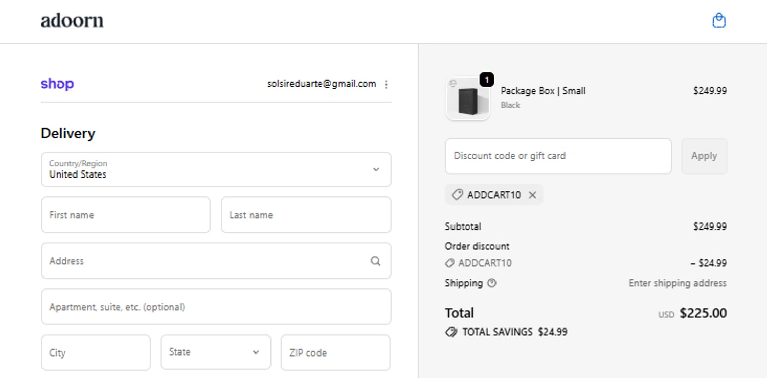 adoorn discount code screenshot showing code ADDCART10 applied at adoorn checkout page. Uploaded by SimplyCodes community member diacelysduartesuarez on Dec 29, 2025