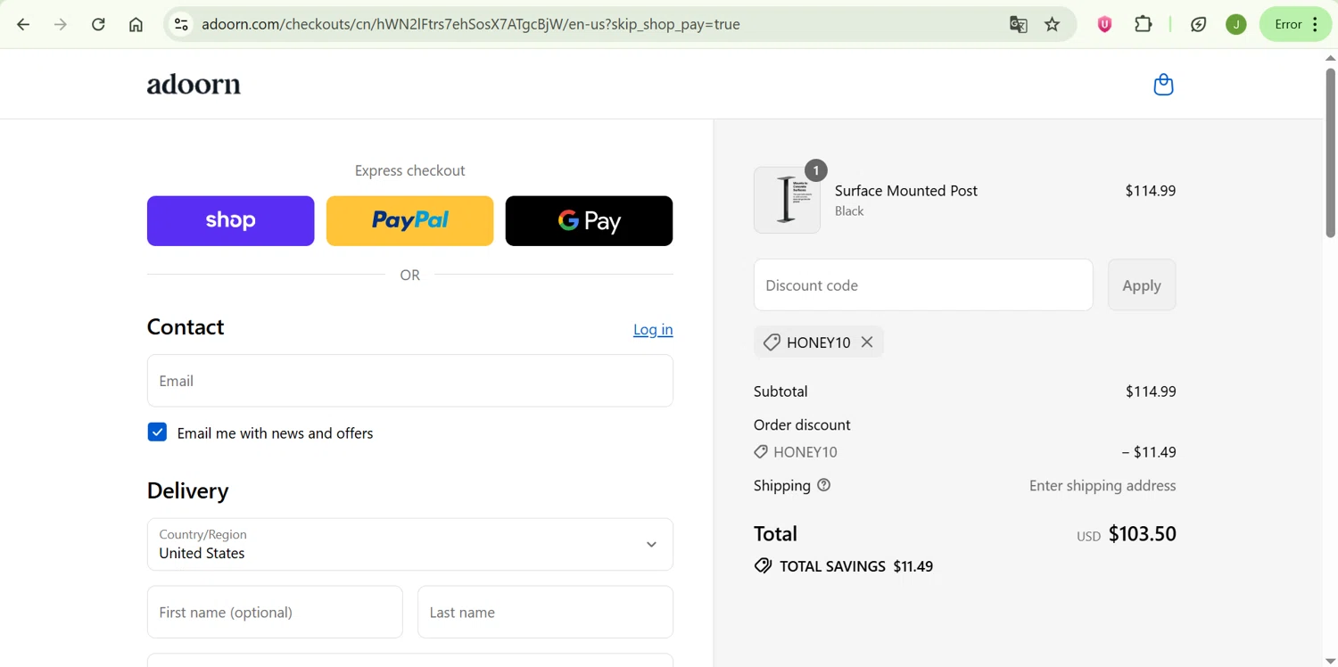 adoorn discount code screenshot showing code HONEY10 applied at adoorn checkout page. Uploaded by SimplyCodes community member ShrewdChaser7973 on Sep 9, 2025